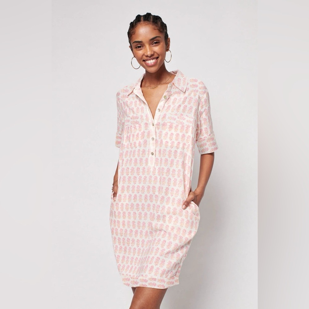 Faherty Taj Dress Women XSmall Linen Floral Shirt Collar Button Pockets